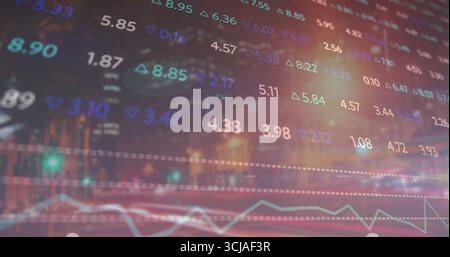 Displaying overlay showing financial data over nighttime street, with numeric values and triangles Stock Photo