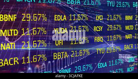 Displaying stock tickers and percentage values on market screen, with map outline and binary code Stock Photo