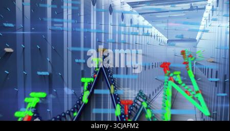 Displaying aisle of server racks with LEDs at data center, digital metrics overlay Stock Photo