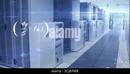 Glowing white server cabinets lining data center corridor, with LED lights and digital overlays Stock Photo