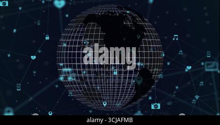 Rotating 3D wireframe globe in digital void displaying padlock wifi phone camera music note icons Stock Photo