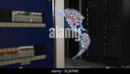 Displaying holographic digital globe floating in server room, with racks and network switches Stock Photo