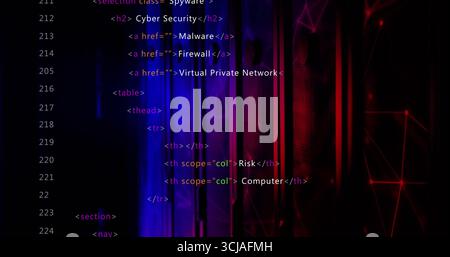 Displaying HTML code overlay in editor window on computer screen with security theme, copy space Stock Photo