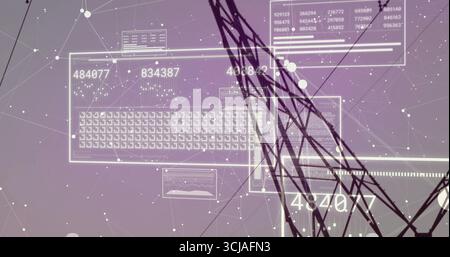 Displaying network mesh in purple cyberspace, featuring lattice silhouette and data panels Stock Photo