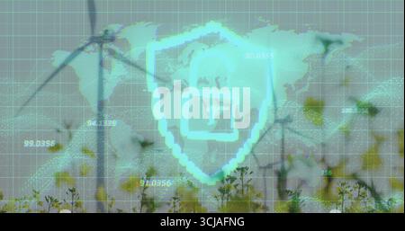 Displaying glowing shield icon overlaying wind turbines in field, with map, grid and data points Stock Photo