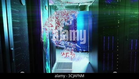 Displaying holographic data swirl spinning inside data center corridor, with mesh door server racks Stock Photo