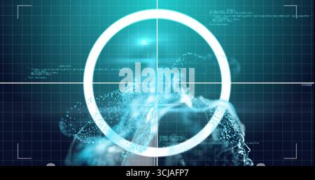 Displaying scanning reticle on HUD screen, showing data mesh, crosshair grid overlay, code snippets Stock Photo