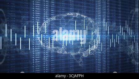 Displaying transparent wireframe brain model glowing in data grid, with code columns and light bars Stock Photo
