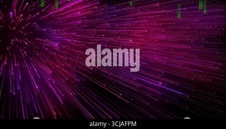 Streaming abstract neon purple magenta streaks in virtual digital space, with green binary digits Stock Photo
