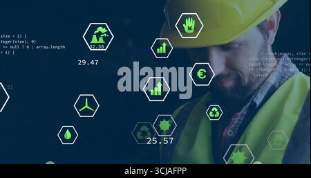 Engineer wearing yellow safety vest and helmet analyzing floating hexagon icons in lab, copy space Stock Photo