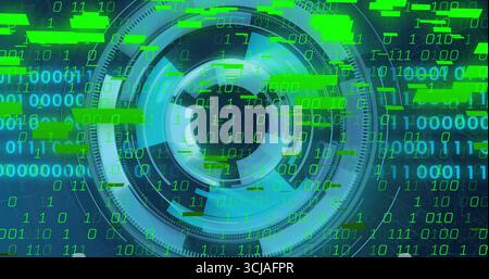 Displaying central circular scanning interface on network dashboard, with green binary digits Stock Photo