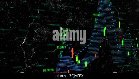 Displaying chart on world map at night, with blue dotted trend line, candlestick bars and labels Stock Photo