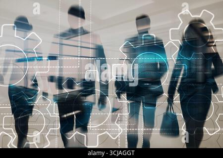 Business process automation concept with mechanical gears and digital icons on abstract blue background. Stock Photo