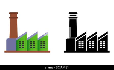 Factory icon. Color and monochrome version. Production of goods. Flat illustration. Stock Vector
