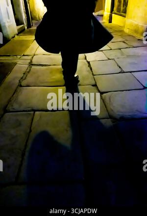 A person is walking down a stone path at night, their shadow cast long in front of them. Stock Photo