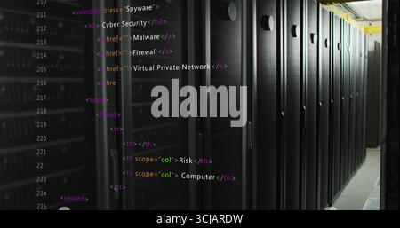Displaying tall black server cabinets lining data center corridor, with floating HTML code overlay Stock Photo