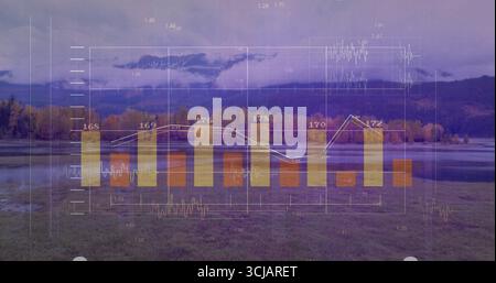 Displaying semi transparent bar chart and line graph in lakeside autumn forest, with grid overlay Stock Photo
