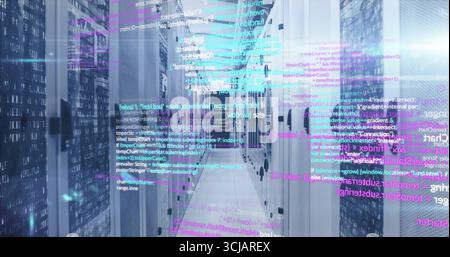 Illuminating data center corridor extending between server racks, showing holographic code streams Stock Photo