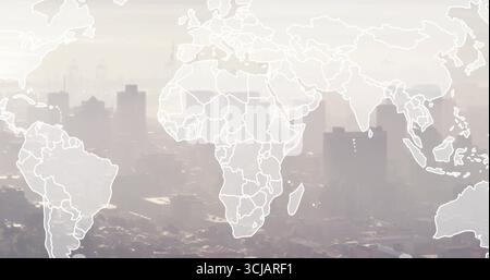 Displaying white world map outline spanning urban skyline under hazy smog with shipping cranes Stock Photo