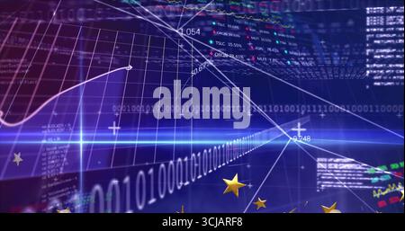 Showing curved graph on grid in virtual space, with binary streams, numeric overlays and gold stars Stock Photo