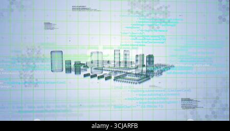 Displaying wireframe 3D model in schematic viewer, featuring overlaid code and hexagon pattern Stock Photo