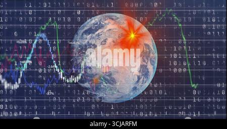 Displaying Earth globe with binary code, line graphs and percentage labels in virtual interface Stock Photo