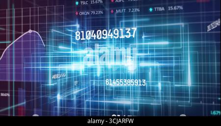 Displaying glowing blue network floating in finance display, with grid, numeric tickers, line graph Stock Photo