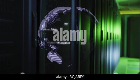 Glowing globe projection showing Asia-Pacific on vented rack in data center with green LED strips Stock Photo