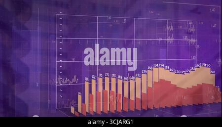 Displaying 3D bar chart in analytics interface, with gradient bars, wireframe grid and axis labels Stock Photo