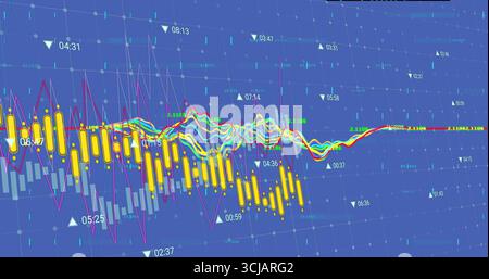 Displaying financial chart on trading platform, with yellow candlestick bars and magenta trend line Stock Photo