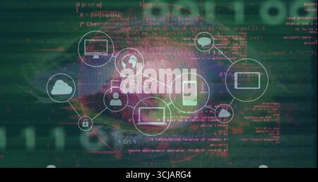 Floating fingerprint and security device icons forming data mesh over dual-tone code background Stock Photo