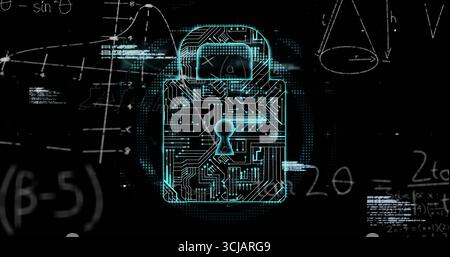 Displaying neon teal circuit padlock glowing on screen, with floating graphs and glitch overlays Stock Photo
