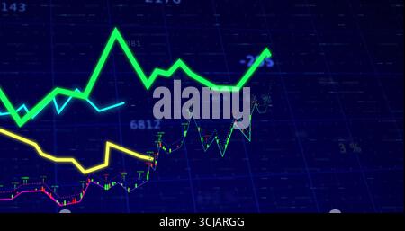 Displaying neon green line graph trending upward on monitor, with yellow line and grid labels Stock Photo