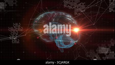 Brain hologram floating over grid with hex patterns, white network lines, red nodes, orange flare Stock Photo