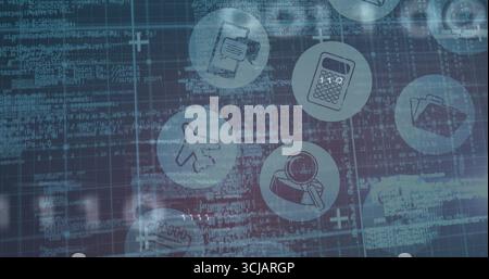 Displaying interface overlay with circular business icons and code on grid lines Stock Photo