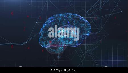 Floating brain hologram displaying glowing neural paths in cyberspace, with red currency symbols Stock Photo