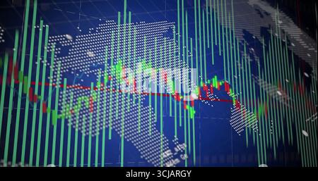 Displaying red and green candlestick graph and bar chart on blue trading screen, with world map Stock Photo