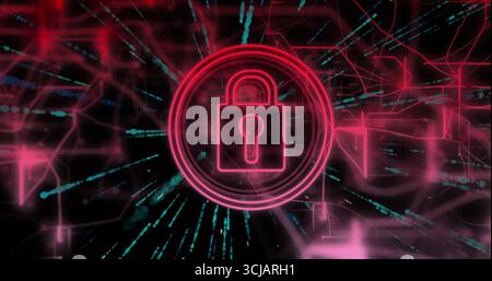 Floating neon pink padlock icon glowing rings in virtual network, with red grid and teal streams Stock Photo