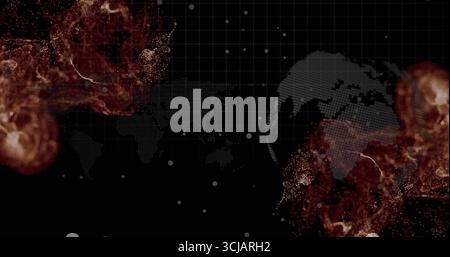 Dotted world map swirling with fiery-red clouds on black grid, with glowing data points and lines Stock Photo