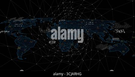 Displaying glowing blue wireframe world map overlaying dashboard, with triangular mesh and nodes Stock Photo