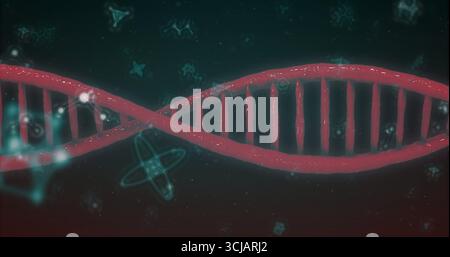 Displaying red DNA helix in dark teal abstract background, with glowing turquoise molecular shapes Stock Photo