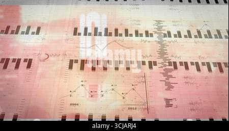 Displaying dashboard showing bar charts, line graphs, waveform plots on screen, pink-orange overlay Stock Photo