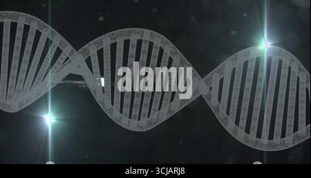 Floating wireframe DNA helix stretching through digital lab scene, with lens flares and particles Stock Photo