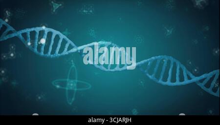 Presenting stylized blue DNA double helix in abstract lab with glowing molecular icons and diagrams Stock Photo