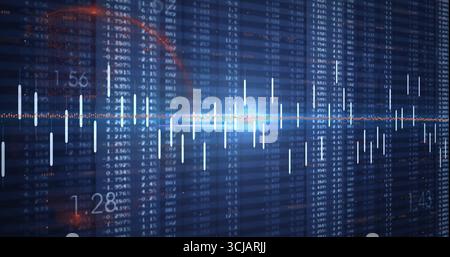 Displaying candlestick chart bars rising on blue grid, showing glowing axis line and data columns Stock Photo