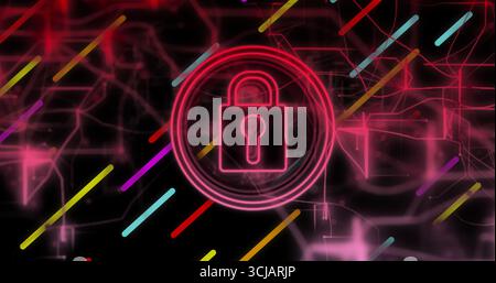 Glowing neon padlock icon pulsing inside circular rings in cybernetic network, showcasing security Stock Photo