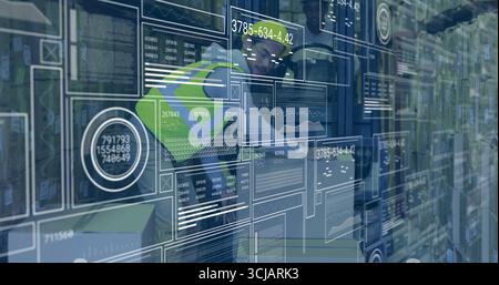 Inspecting inventory, technicians wearing vests using tablet in storage aisle, digital overlay Stock Photo