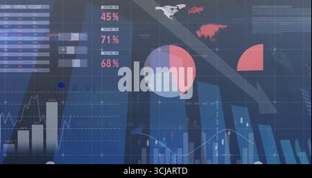 Displaying dashboard at trading platform with table headers, data charts, pie chart and heatmap Stock Photo