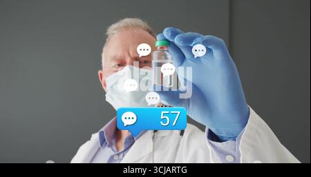 Inspecting doctor in lab coat holding vial at clinic, with floating chat bubbles message overlay Stock Photo