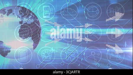 Displaying pixelated globe with binary overlay on left at data network with tech icons, copy space Stock Photo